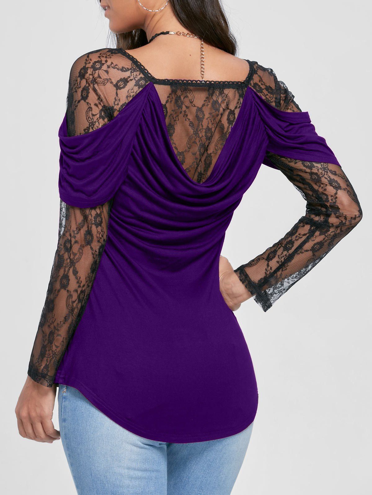 

Sheer Lace Yoke Cowl Back Top, Black and purple