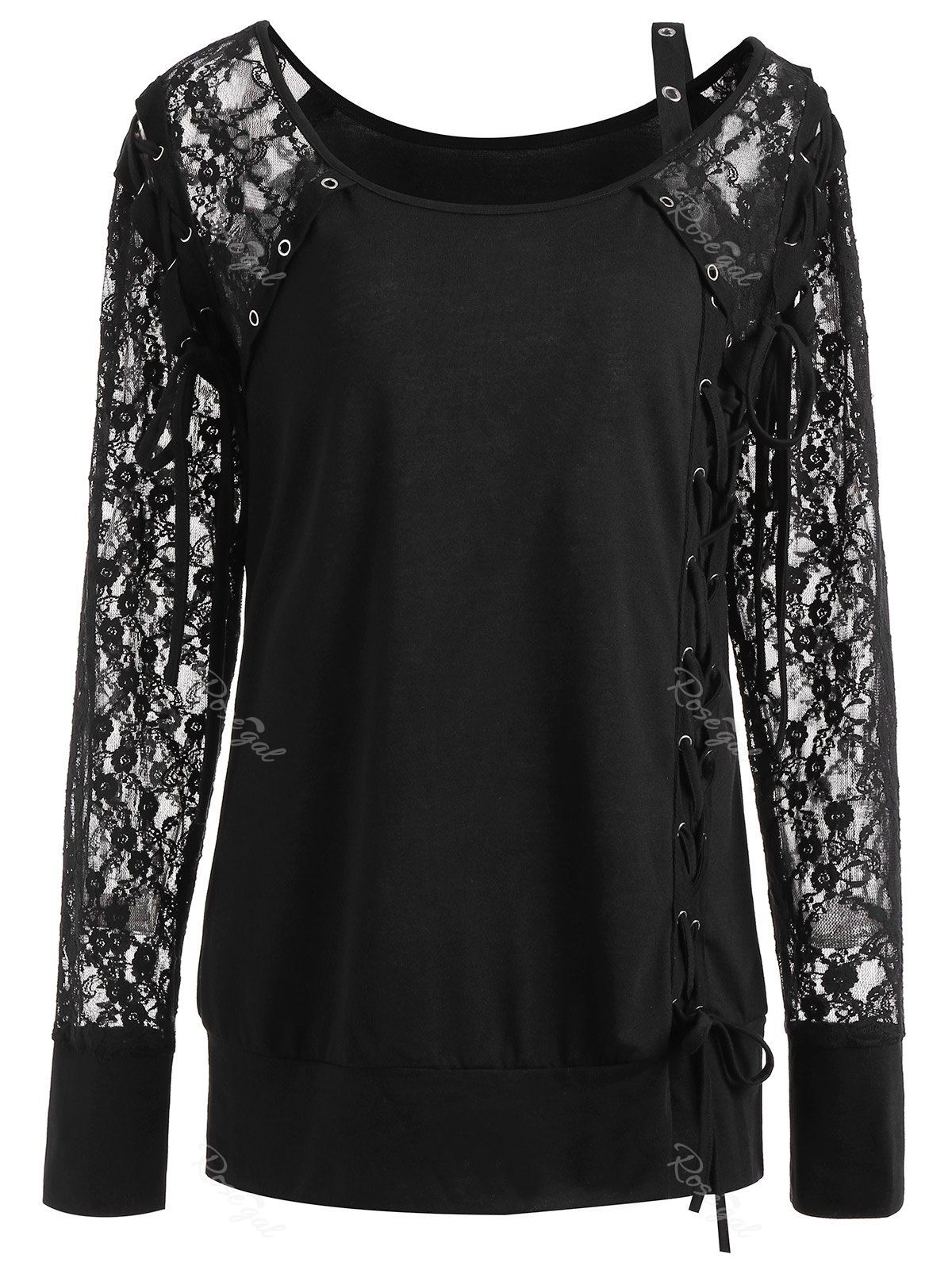 

Lace Up Lace Insert Plus Size Tee, Black