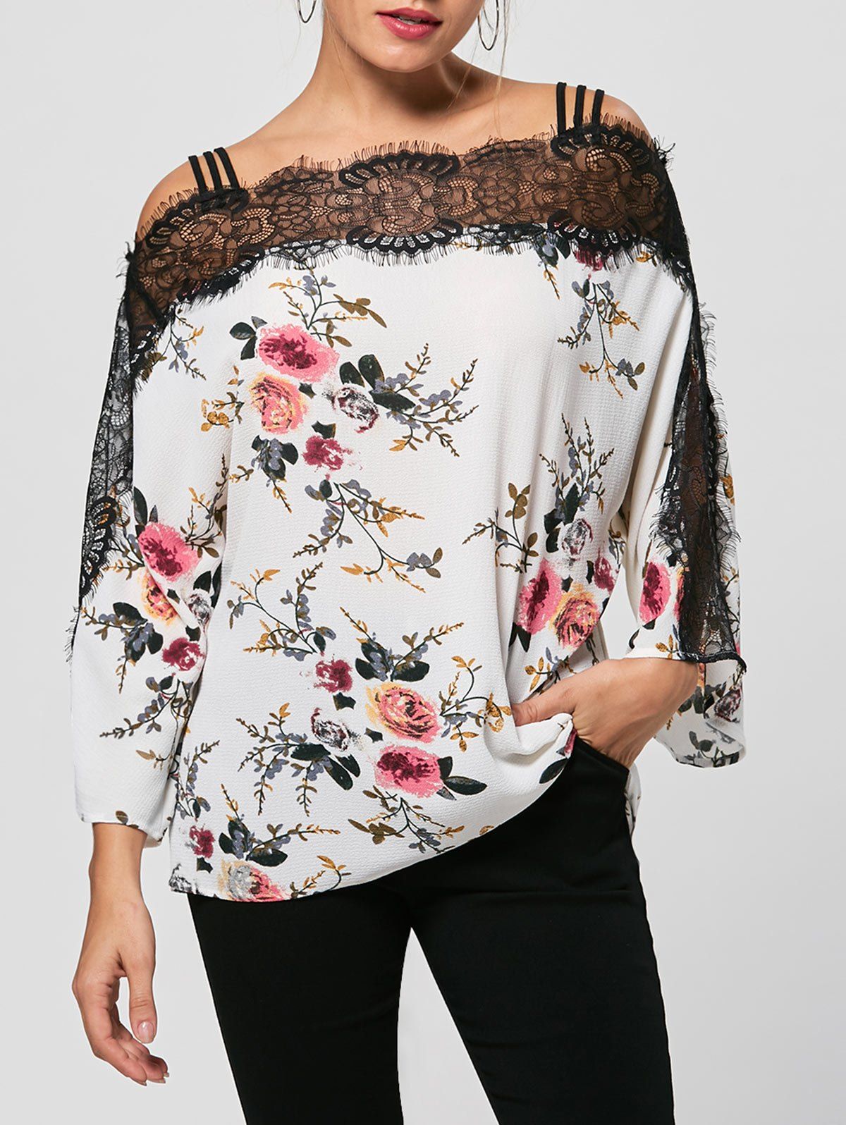 

Floral Eyelash Lace Trim Bohemian Blouse, White