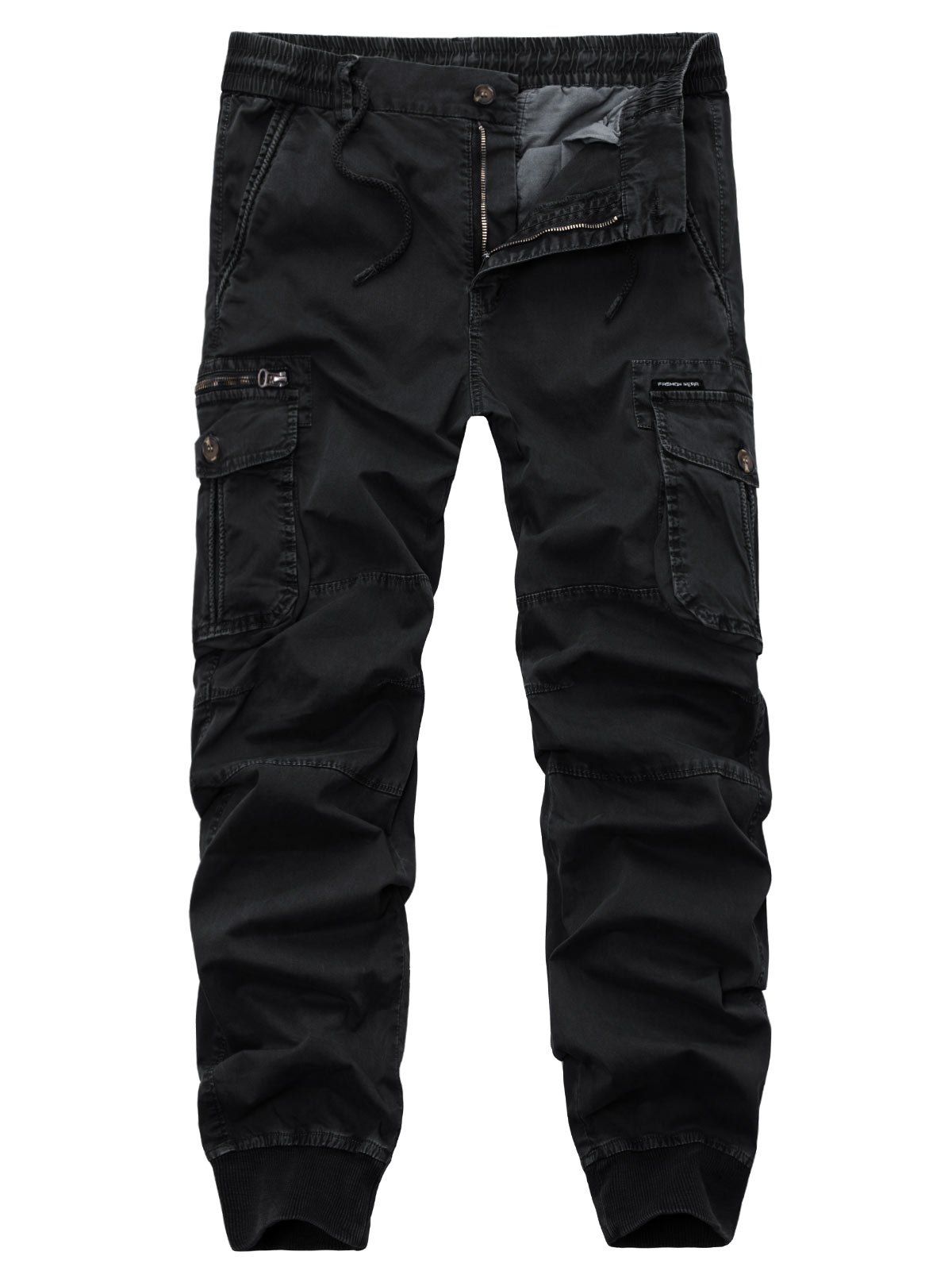 

Drawstring Zipper Fly Beam Feet Cargo Pants, Black