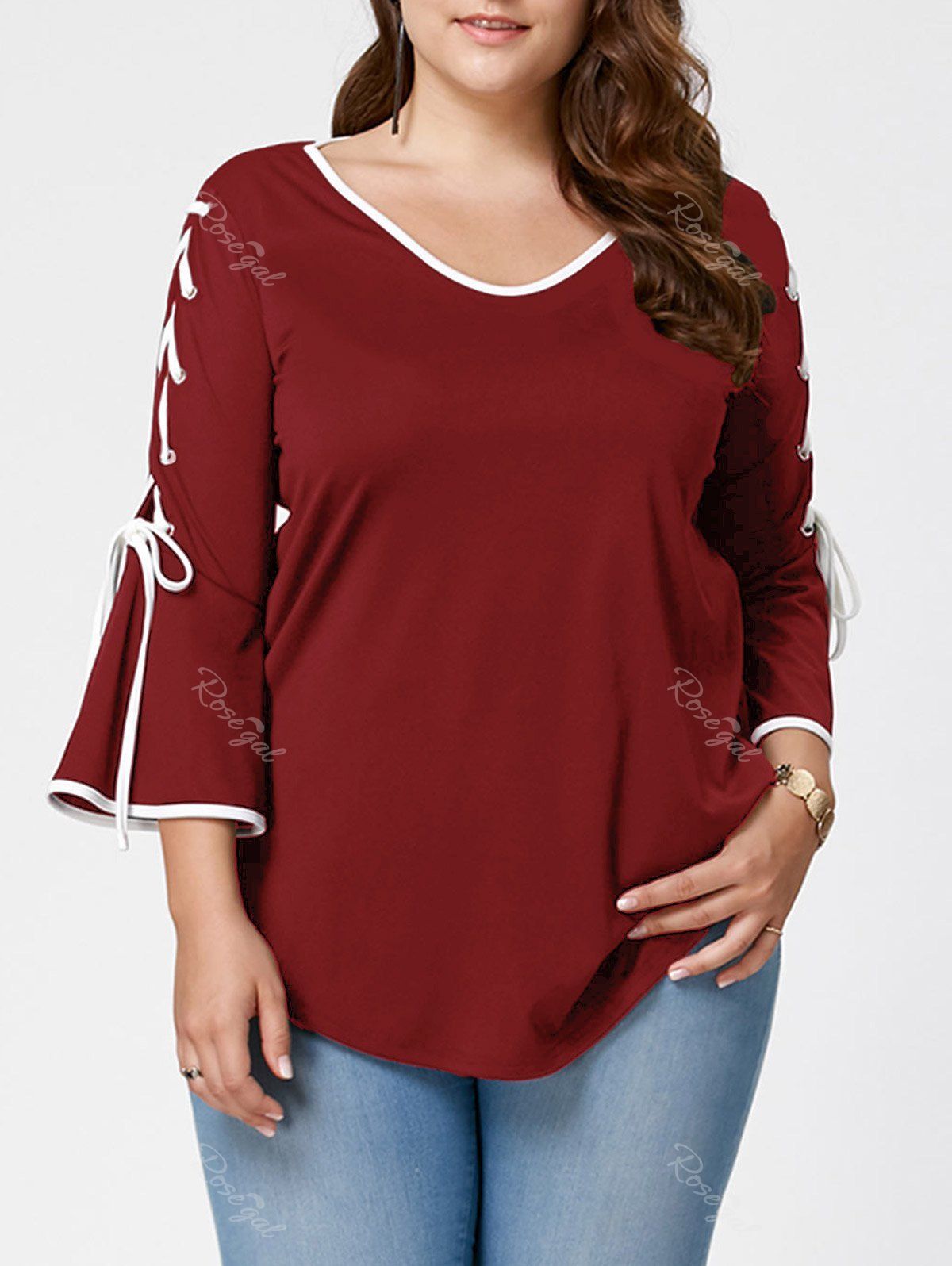 

Plus Size Lace Up Bell Sleeve Top, Red