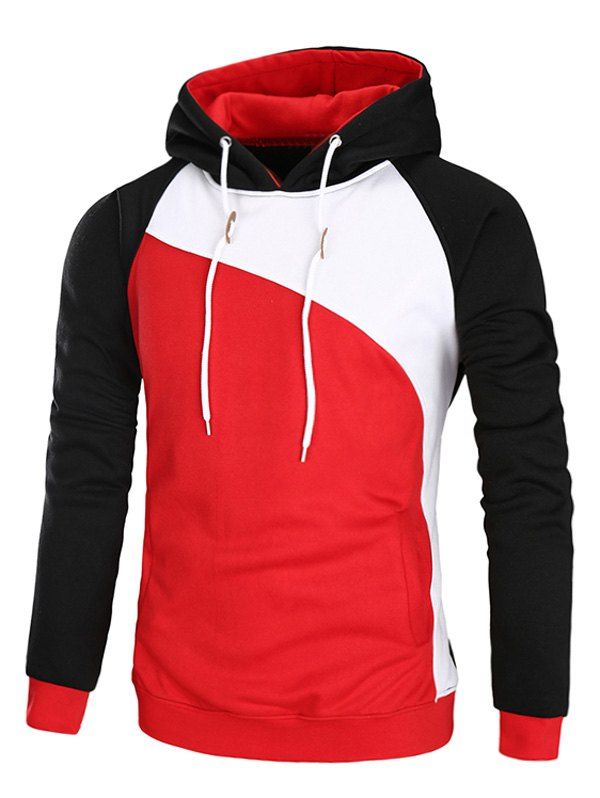 

Raglan Sleeve Color Block Fleece Hoodie, Red