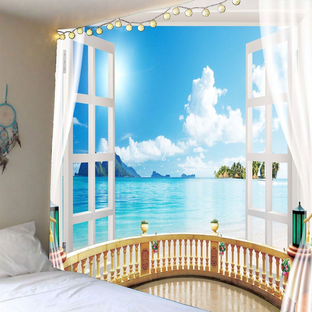 

Window Seascape Waterproof Wall Tapestry, Light blue