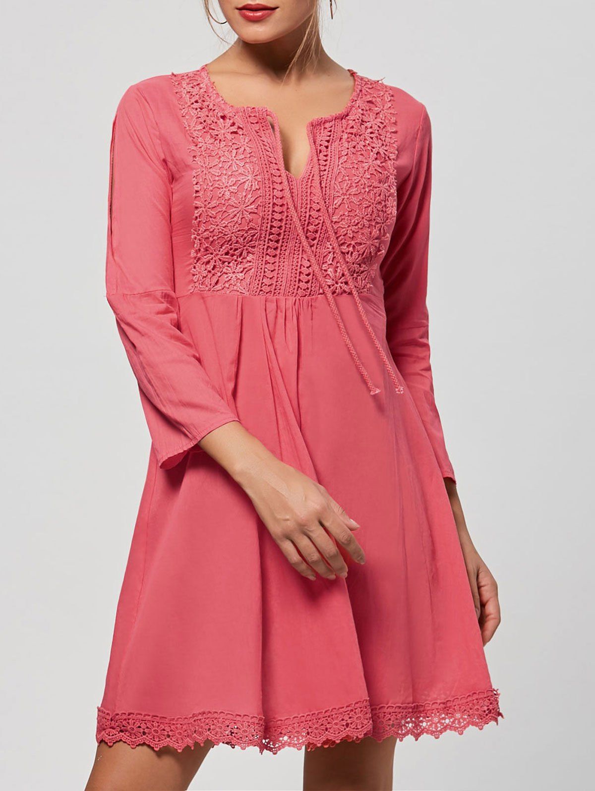 

Sweet V-Neck Lace Splicing Long Sleeve Dress For Women, Watermelon red