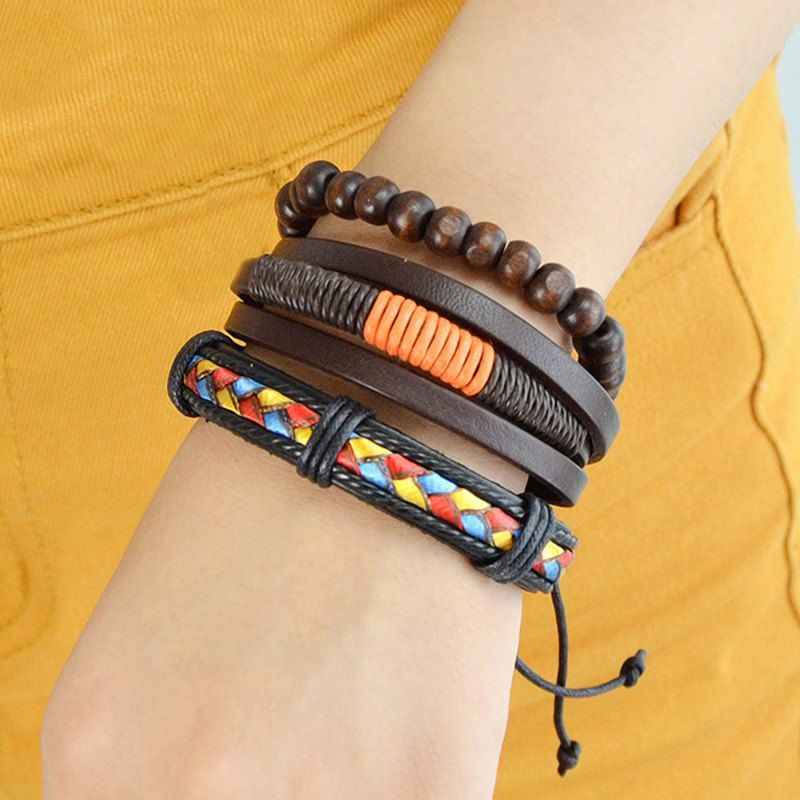 

PU Leather Beaded Braid Friendship Bracelets, Brown