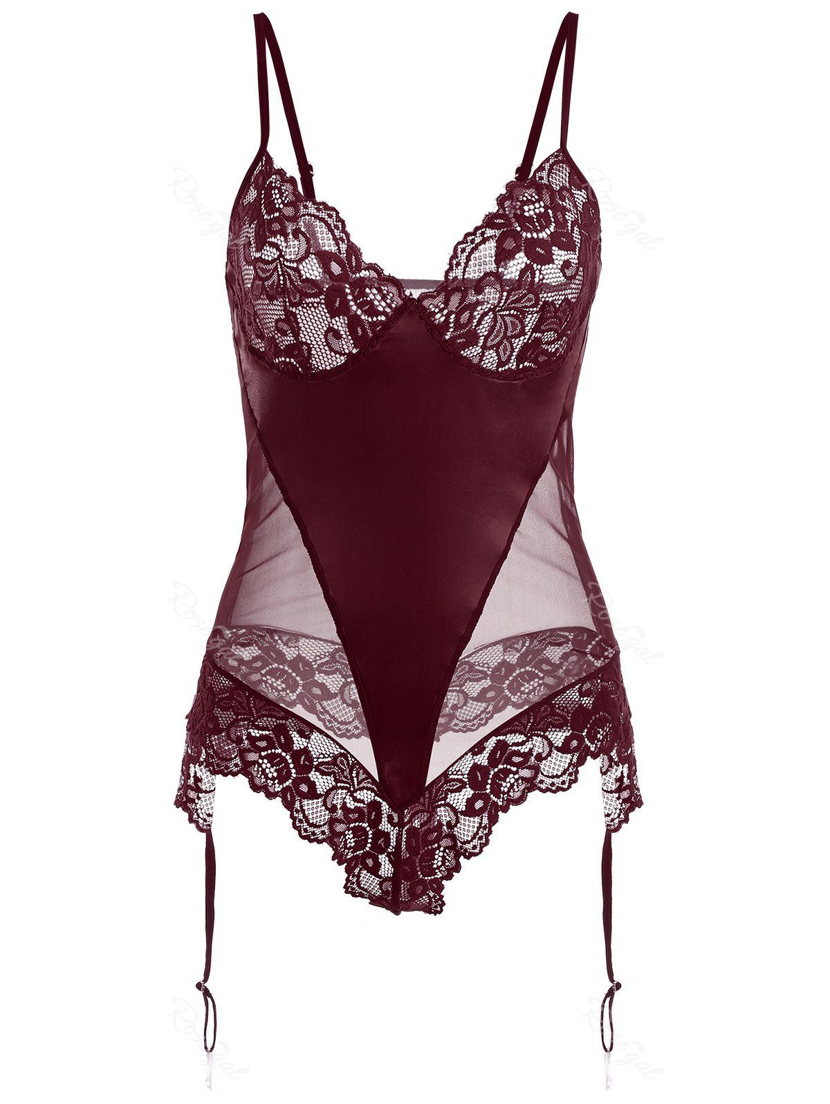 

Plus Size Lingerie Lace Panel Sheer Teddy, Wine red