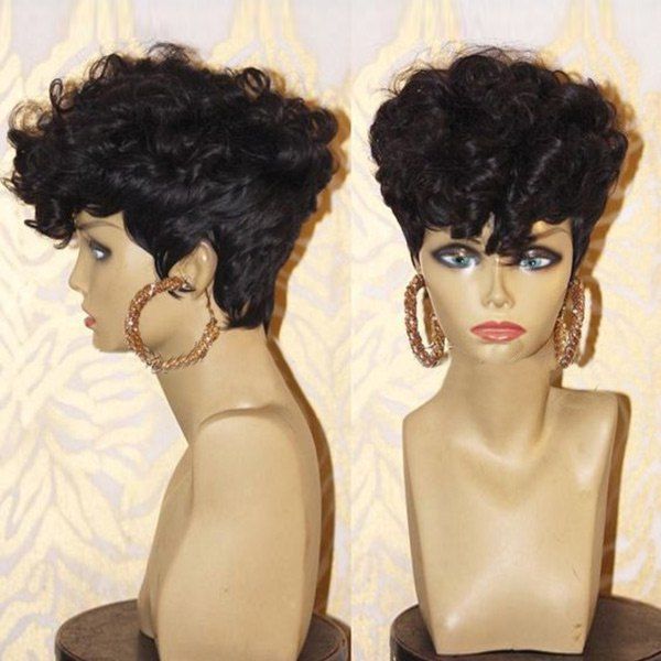 

Short Inclined Bang Shaggy Layered Afro Curly Synthetic Wig, Black