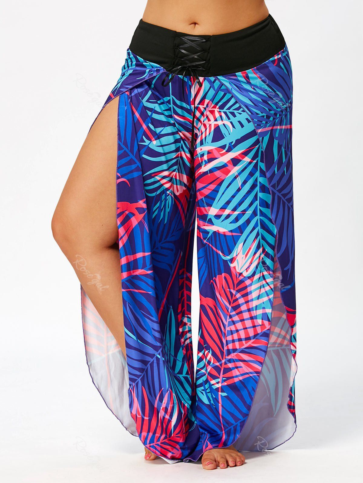 

Palm Leaf Print Plus Size Palazzo Pants, Colormix