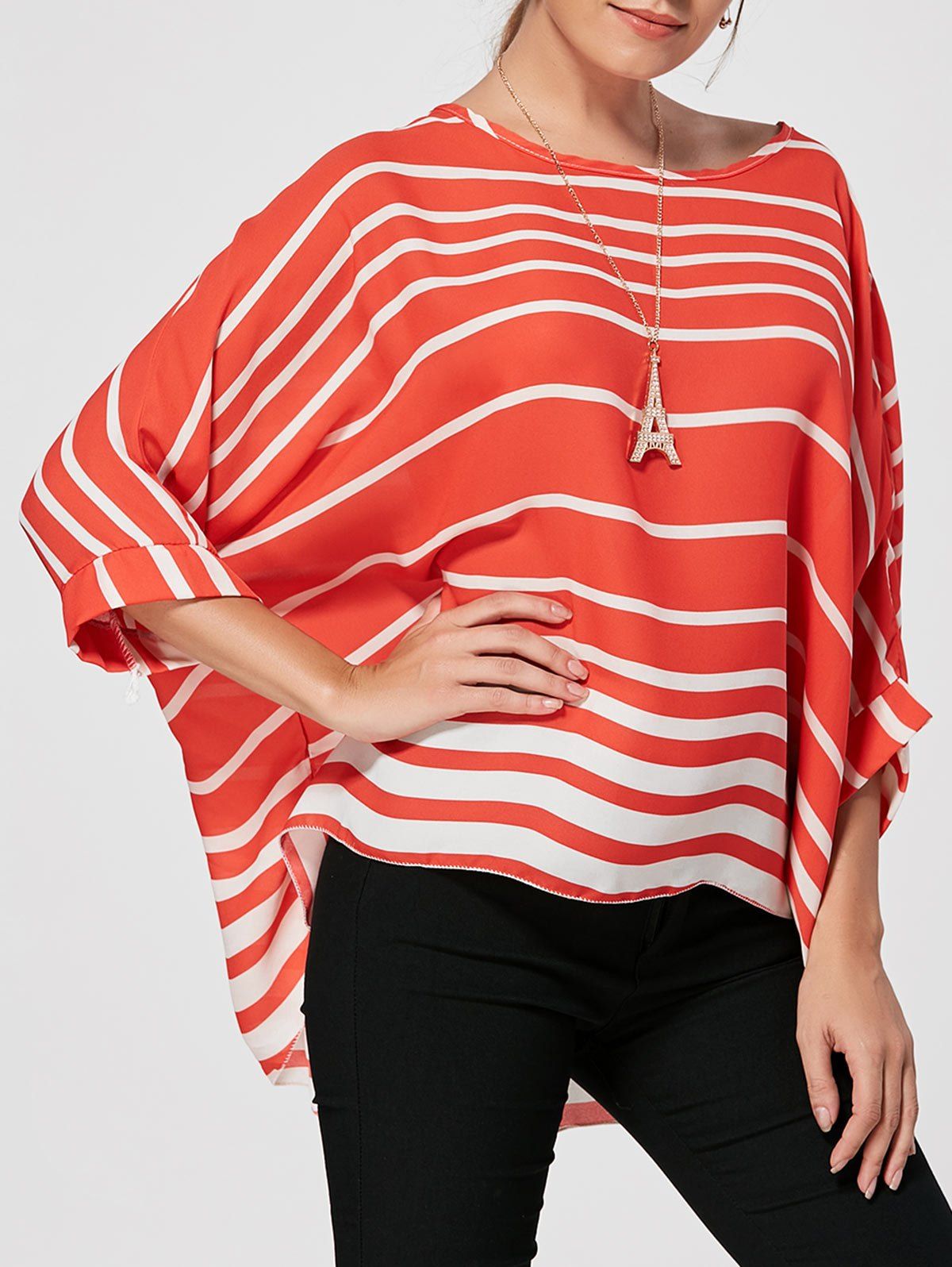 Red Xl Batwing Sleeve High Low Striped Blouse | Rosegal.com