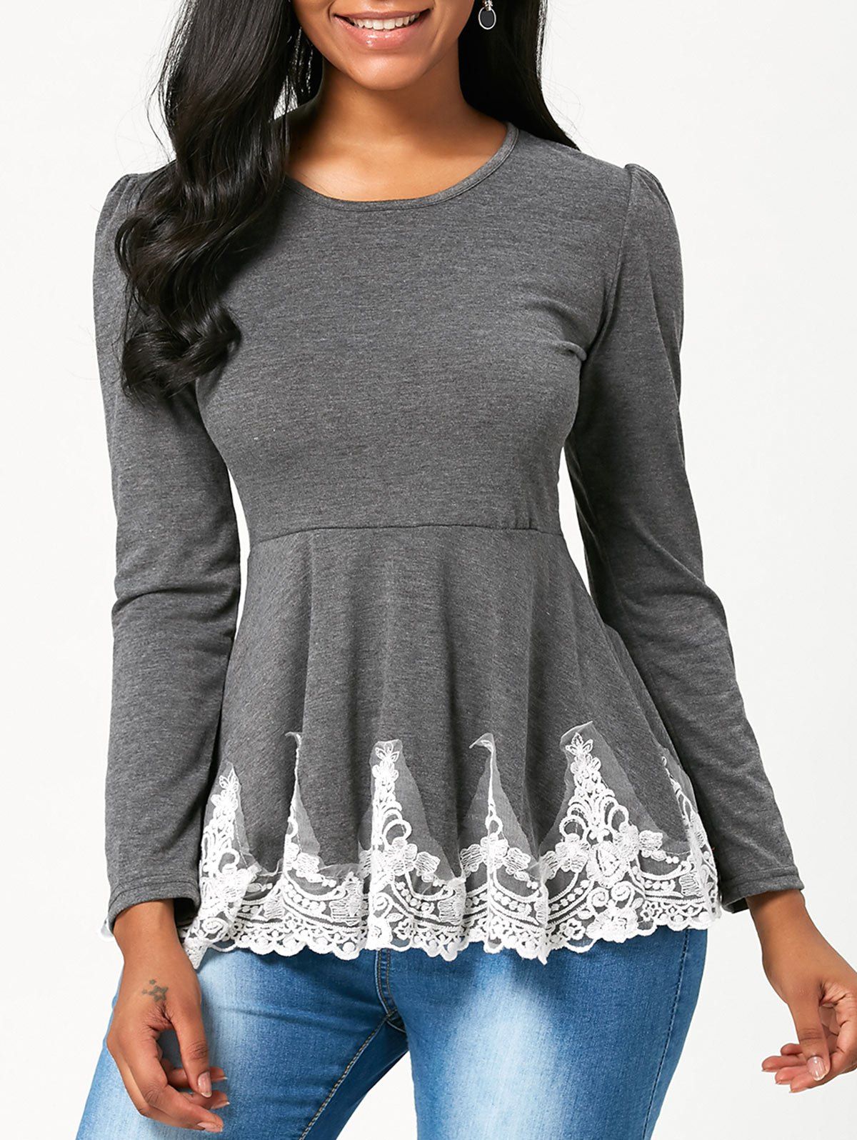 

Lace Trim High Waist Long Sleeve T-shirt, Gray