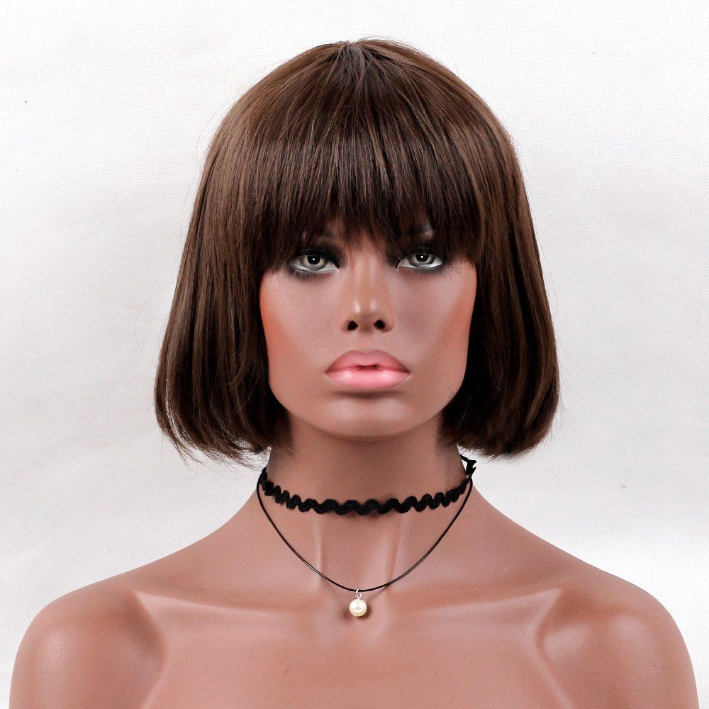 

Full Bang Short Fluffy Straight Bob Synthetic Wig, Flax