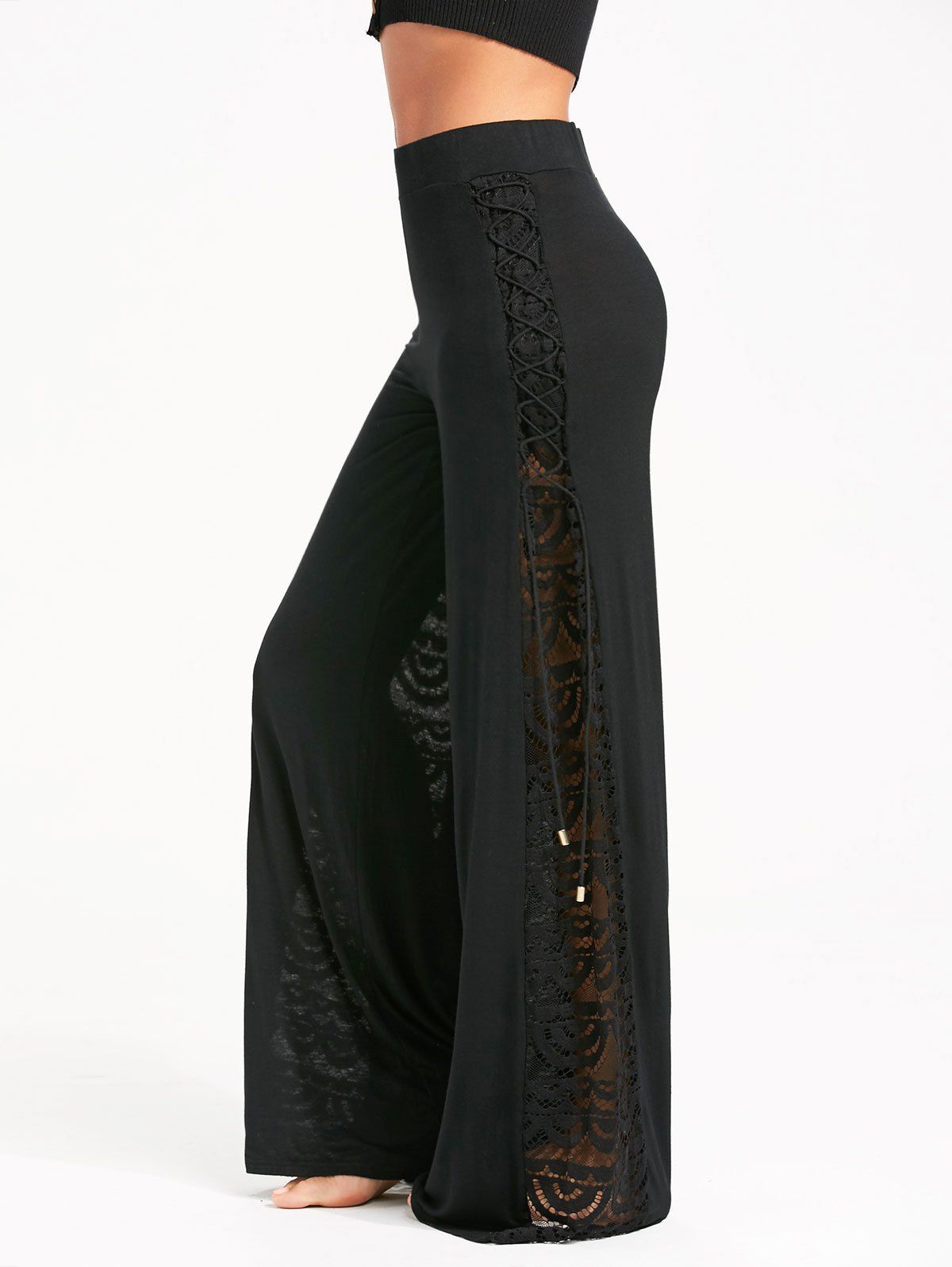 

Lace Criss Cross Panel Palazzo Pants, Black