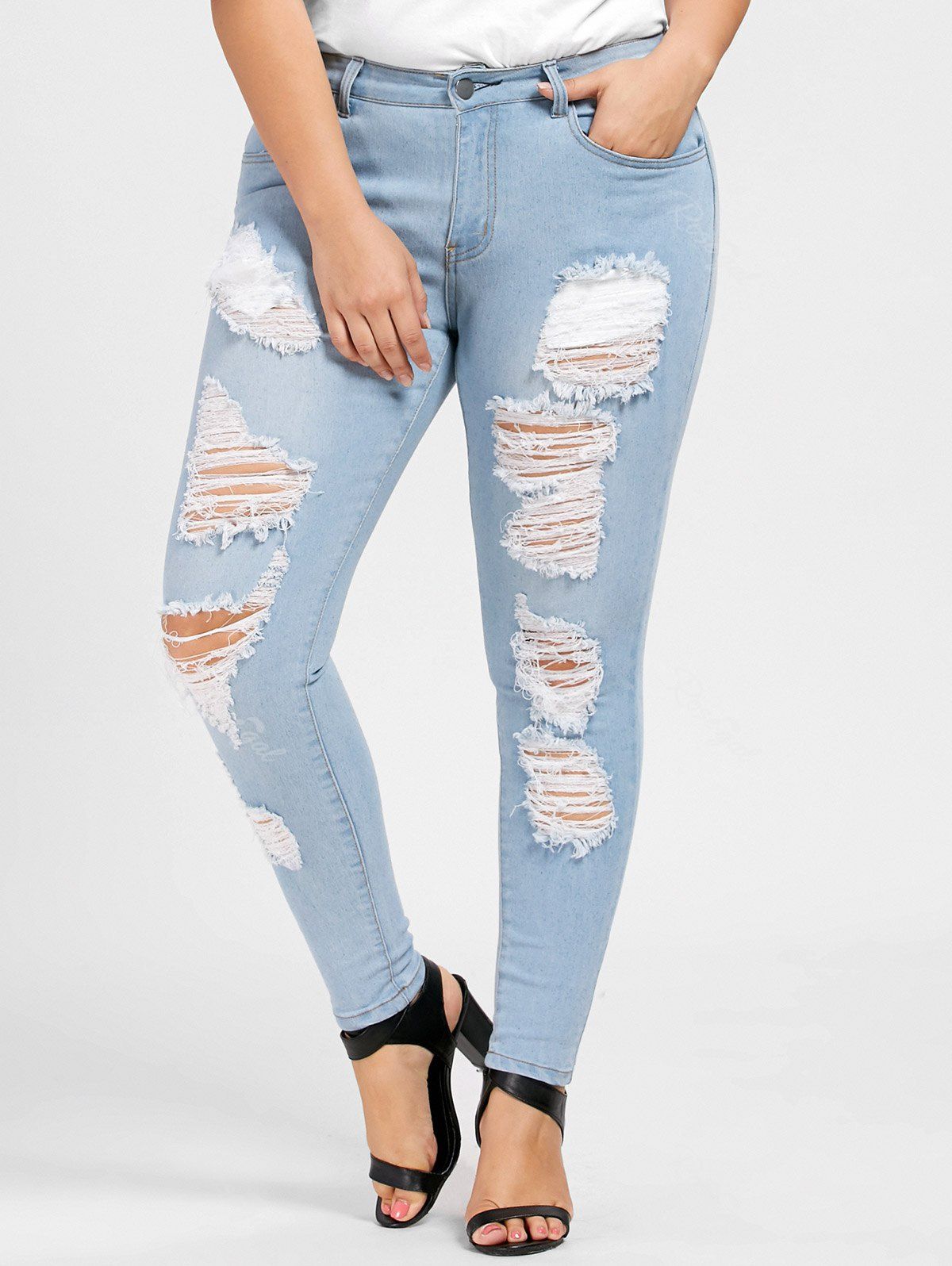 

Plus Size Zipper Fly Distressed Jeans, Denim blue