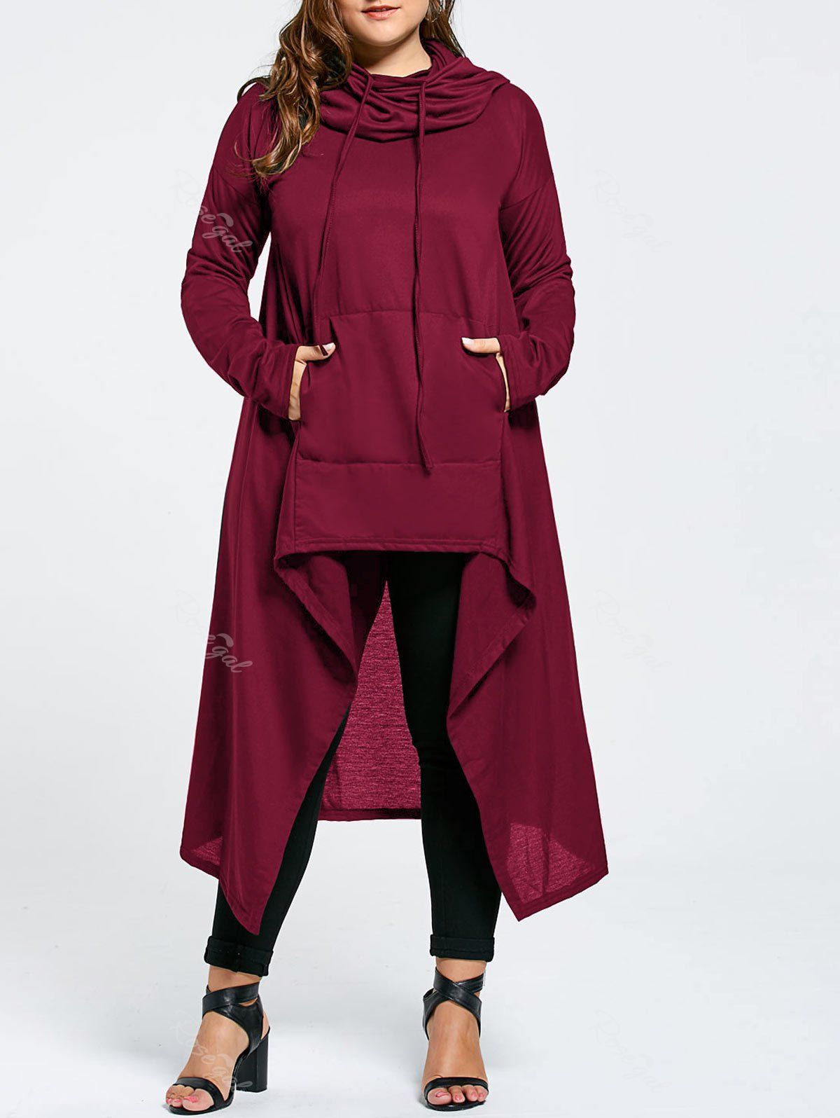 

Plus Size Maxi Asymmetric Funnel Collar Hoodie, Wine red