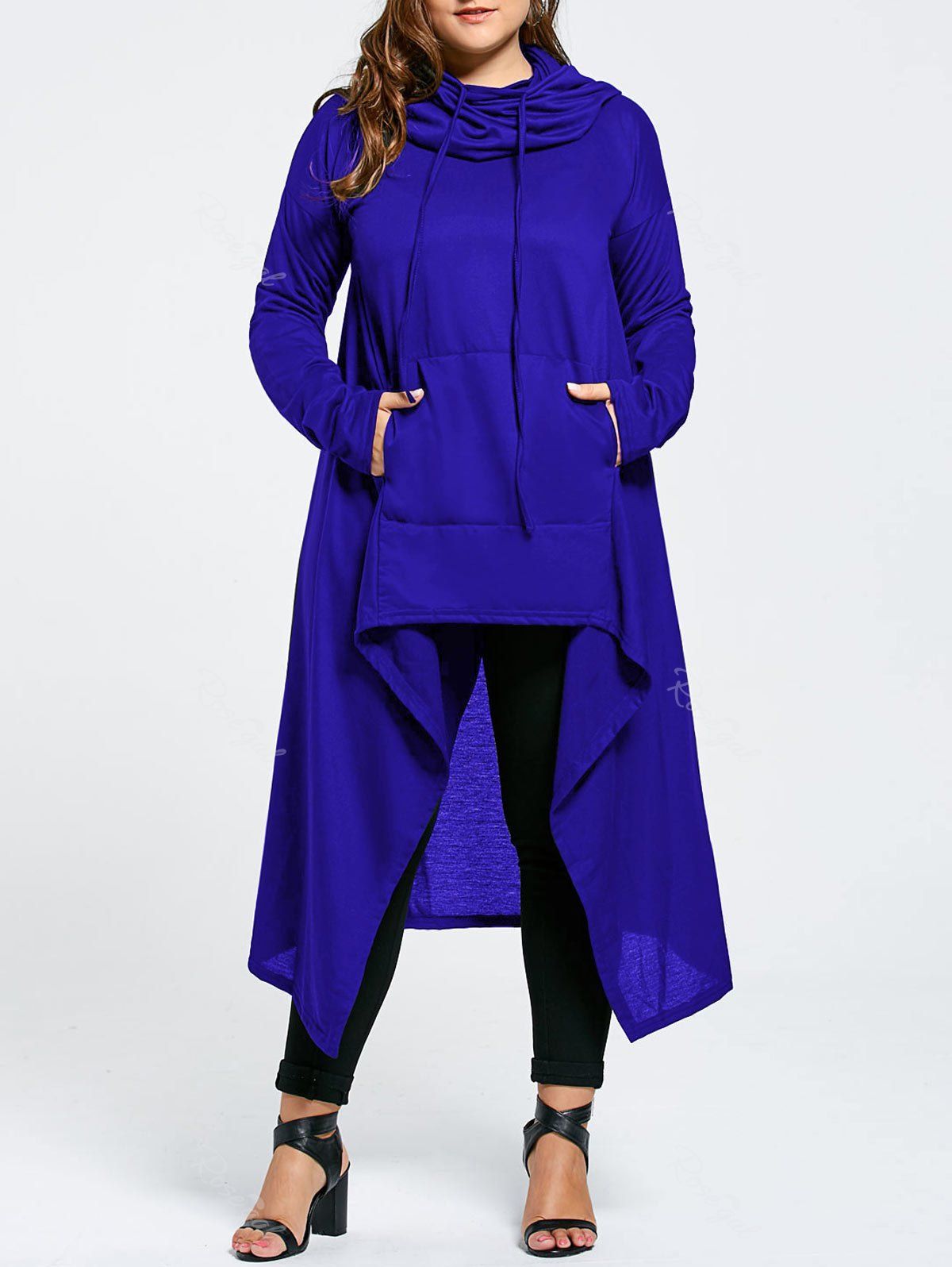 

Plus Size Maxi Asymmetric Funnel Collar Hoodie, Blue