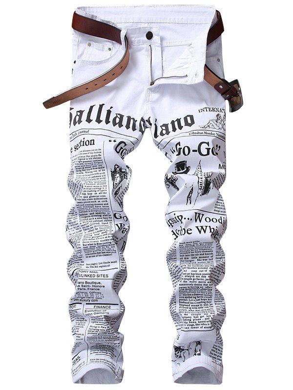 

Zip Fly Journal Print Jeans, White