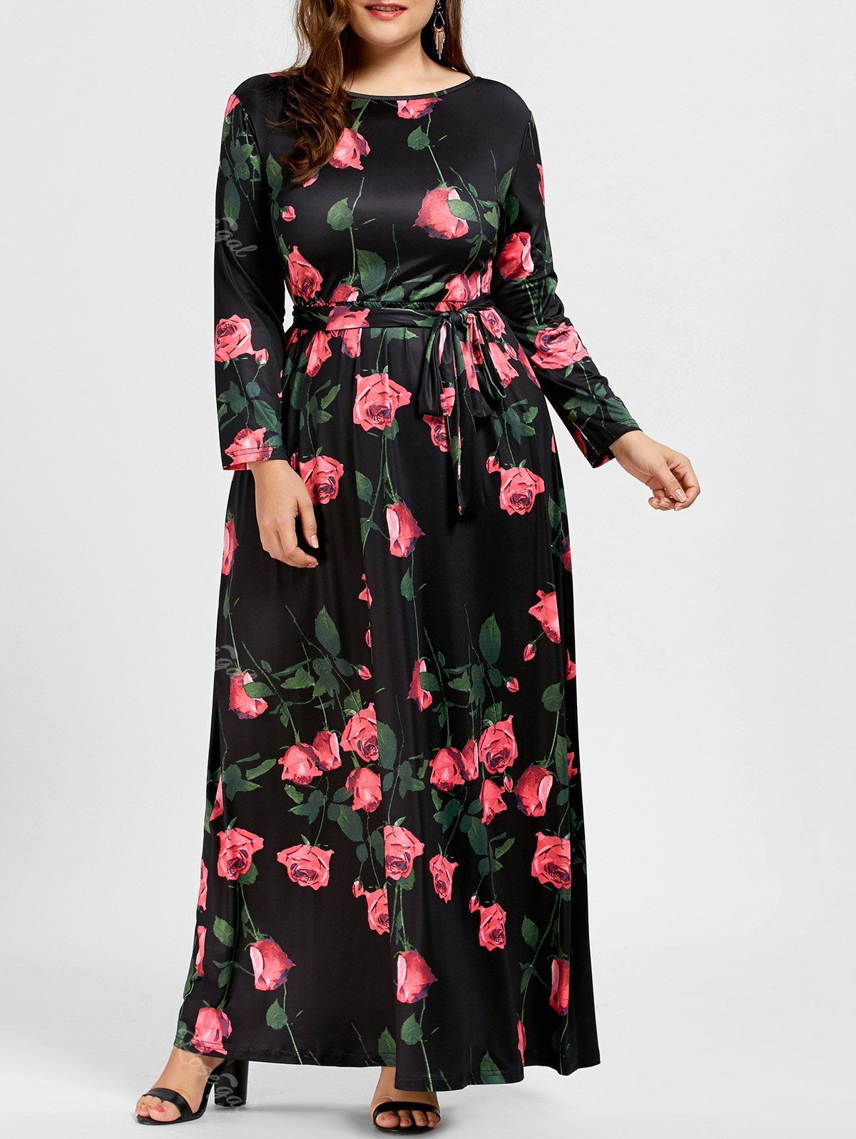 [32% OFF] Plus Size Rose Print Maxi Dress | Rosegal