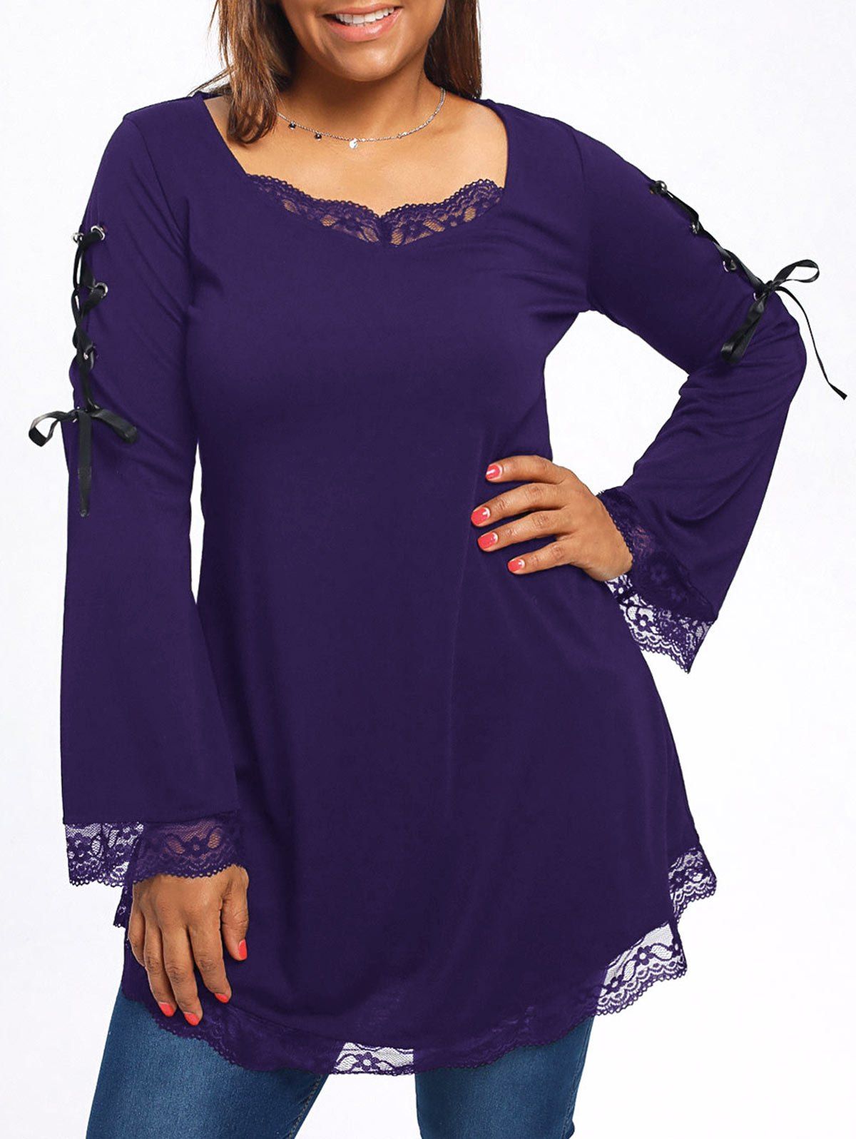 

Lace Trim Plus Size Long Sleeve Tunic T-shirt, Deep purple