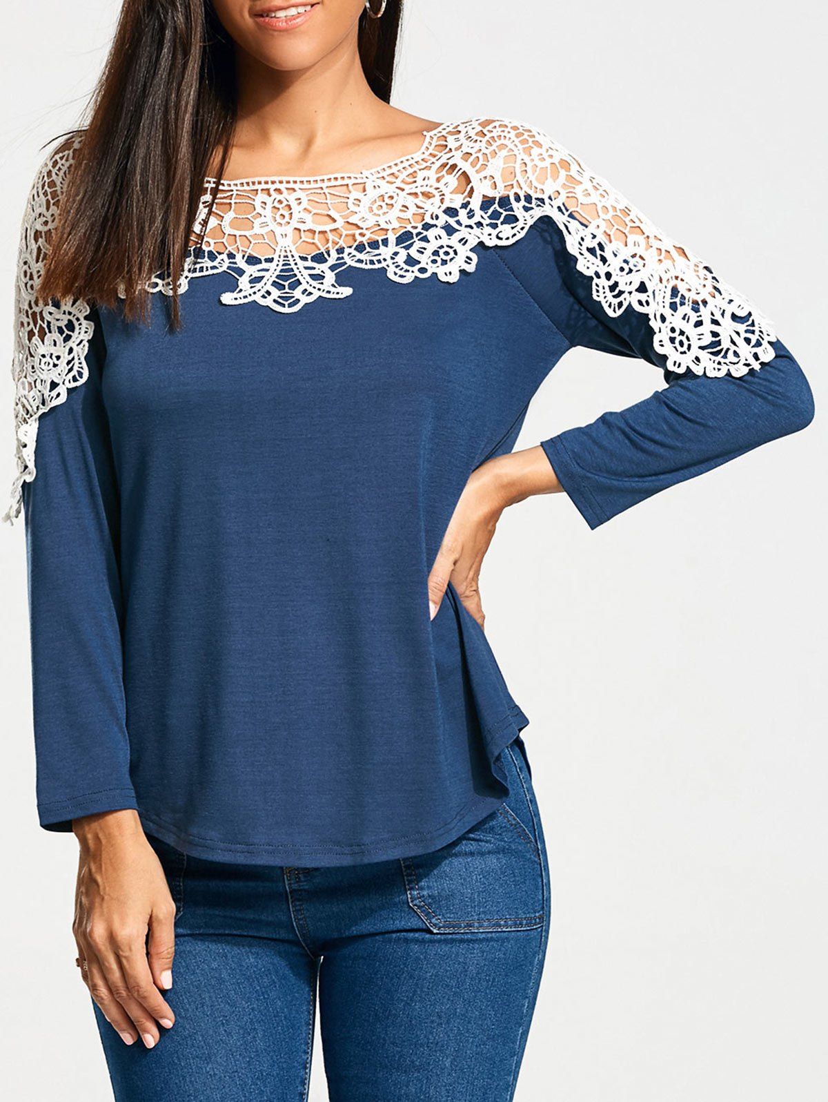 [26% OFF] Lace Trim Long Raglan Sleeve T-shirt | Rosegal