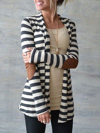 

Striped Cardigan with Elbow Patch, White and black