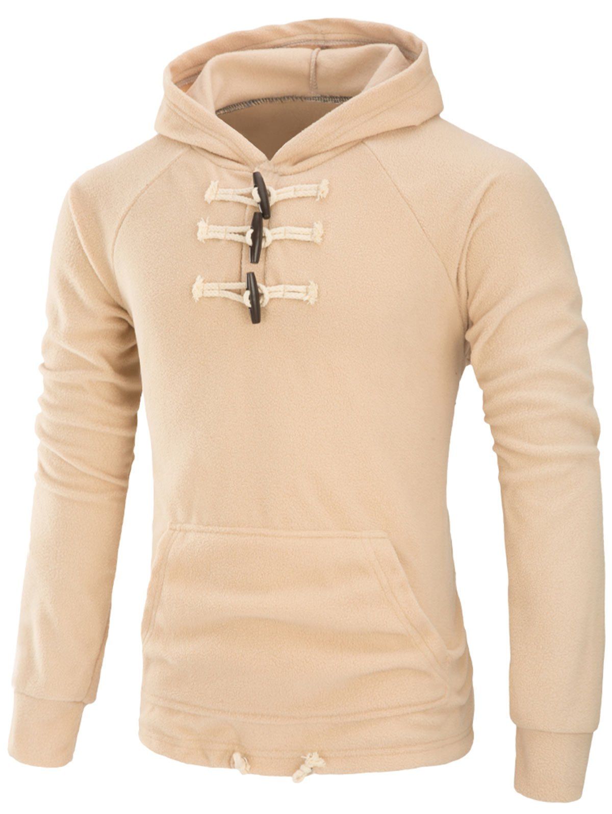 

Drawstring Horn Button Fleece Hoodie, Beige