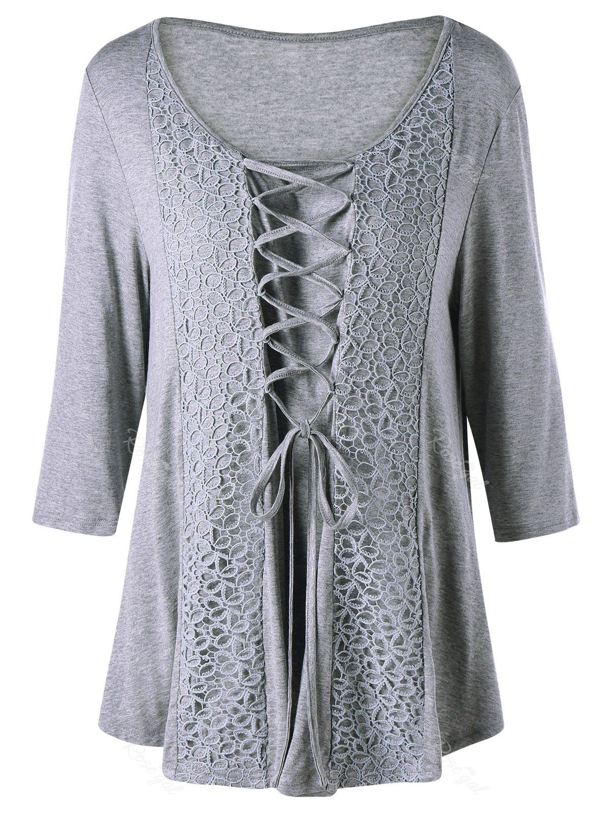 

Plus Size Criss Cross Lace Panel Top, Gray