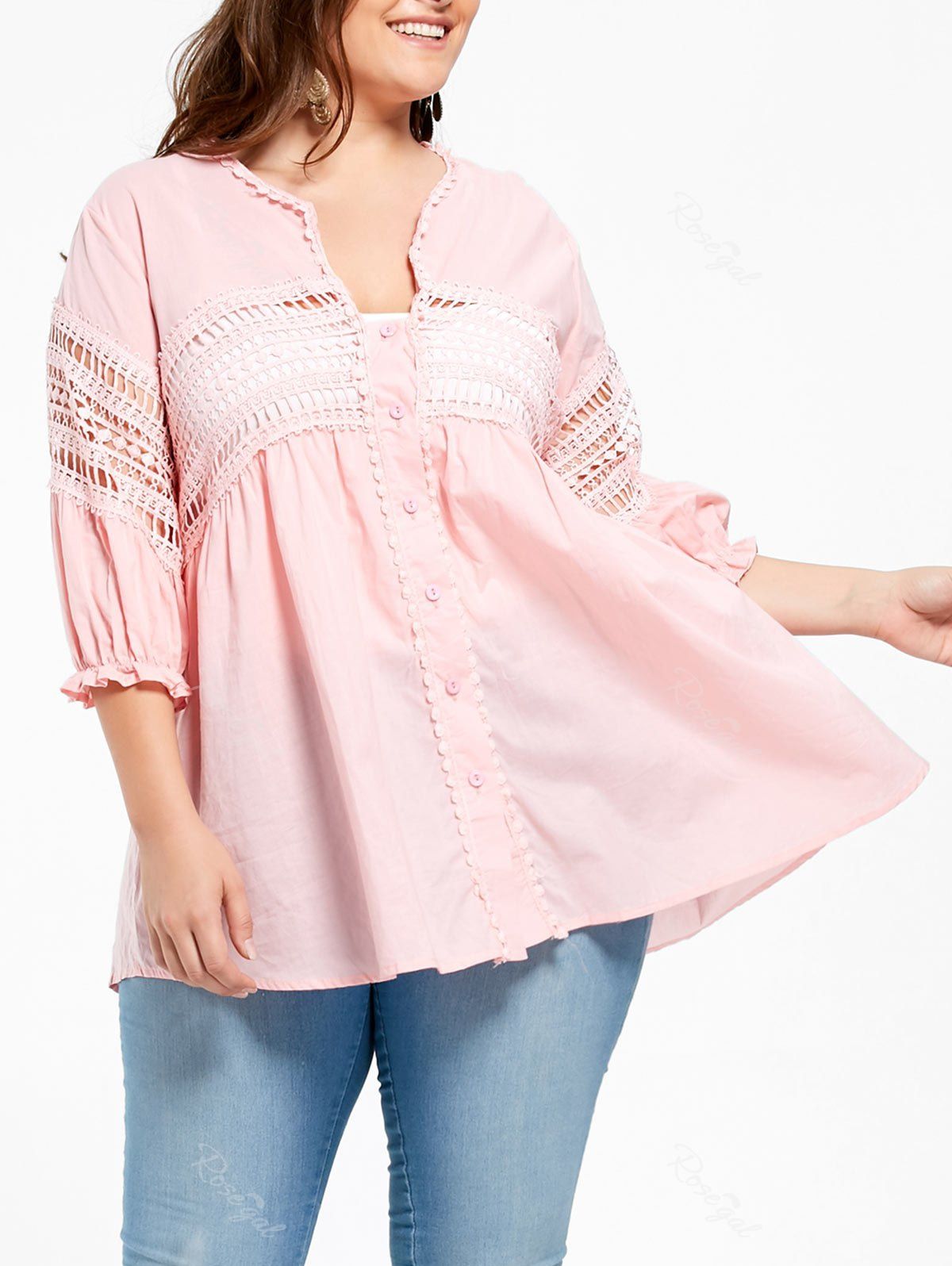 

Crochet Plus Size Hollow Out Blouse, Light pink