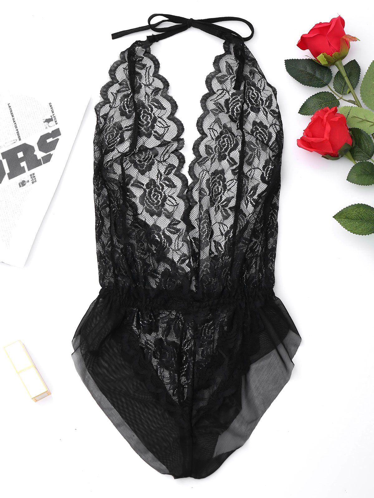 

Lace Halter Low Cut Backless Teddy, Black