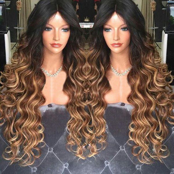 

Middle Part Long Shaggy Wavy Synthetic Wig, Black and golden