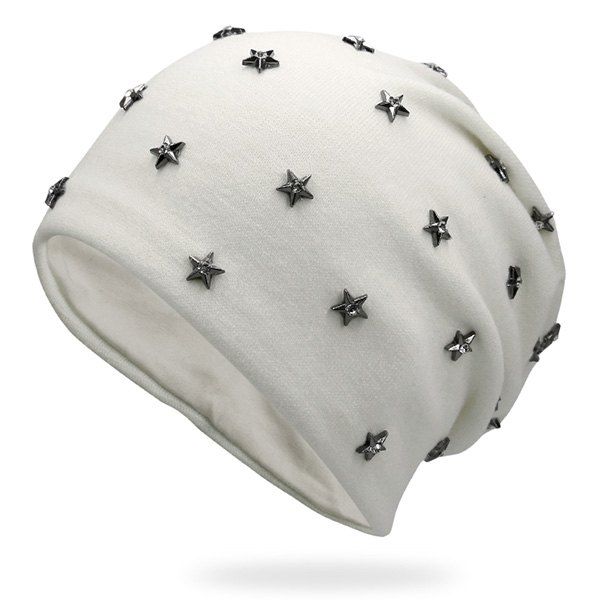 

Pentastar Rhinestone Rivet Embellished Beanie, Off-white