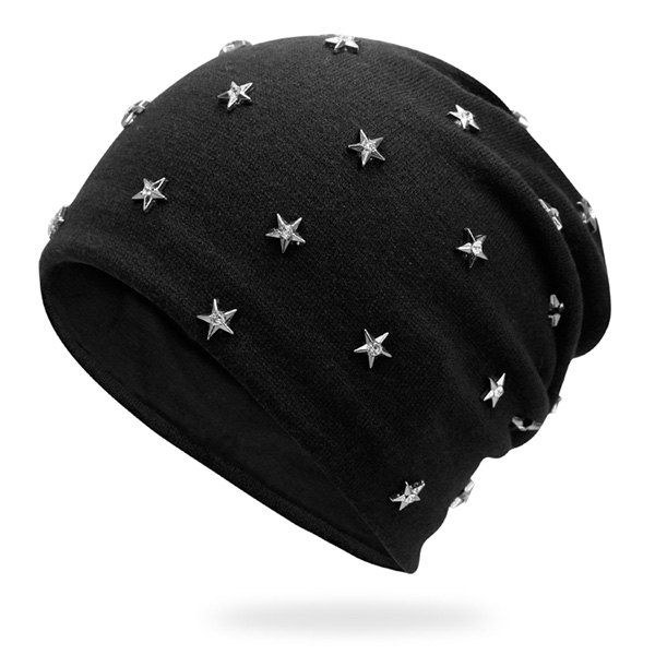 

Pentastar Rhinestone Rivet Embellished Beanie, Black