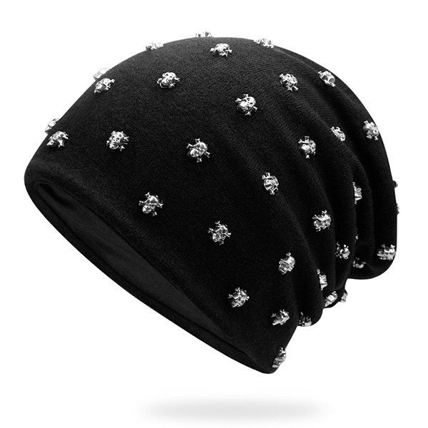 

Tiny Skull Rivet Beanie Hat, Black + silver