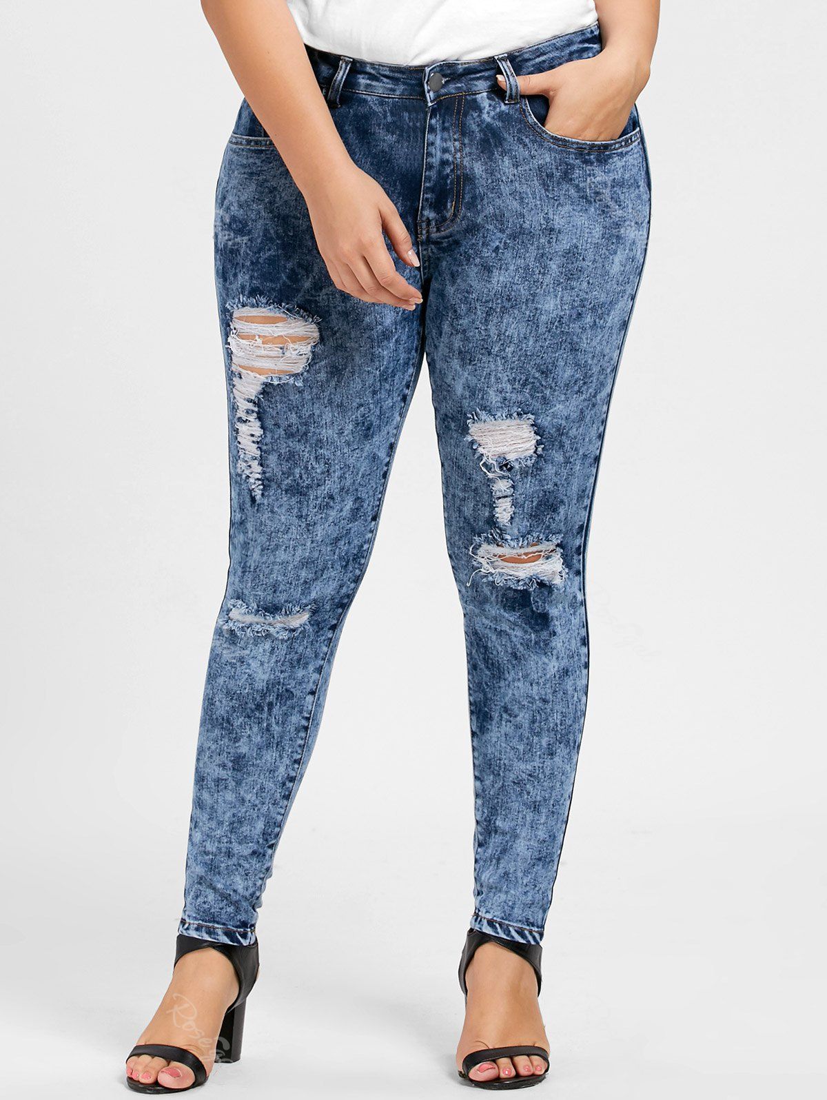 

Plus Size Skinny Ripped Zipper Jeans, Denim blue