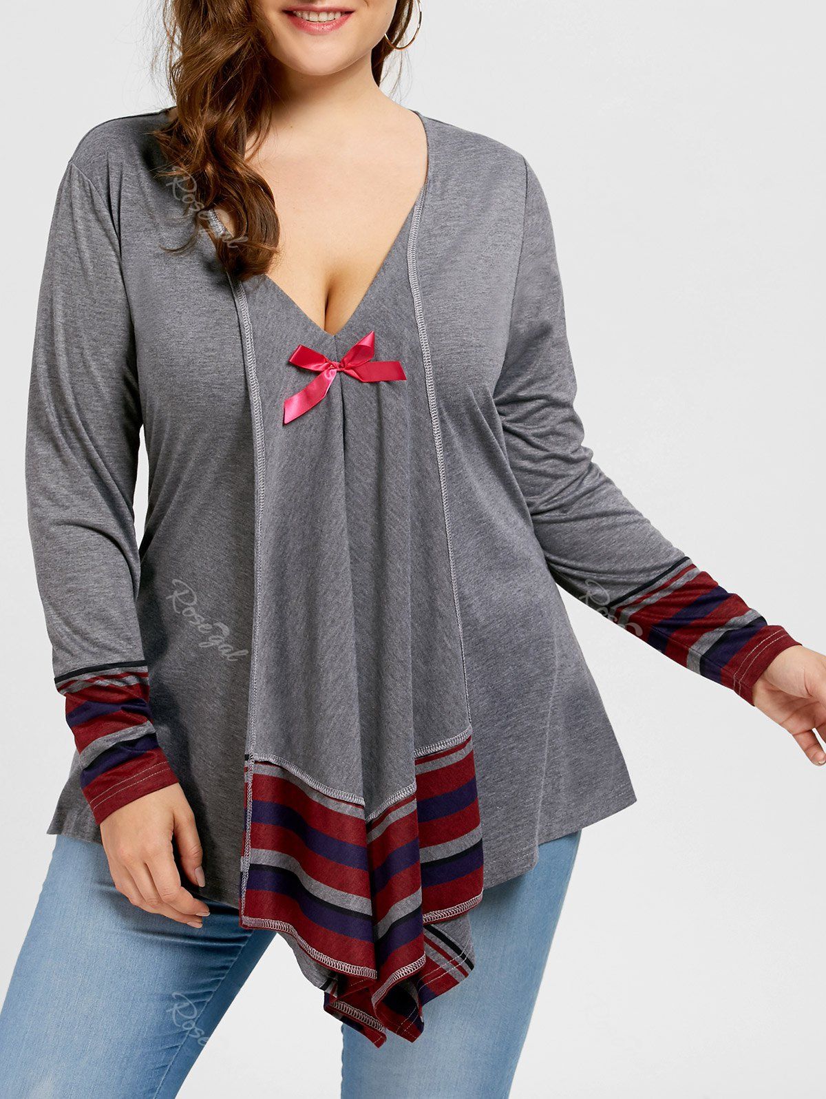 

Asymmetrical Bowknot Striped Plus Size Tee, Gray