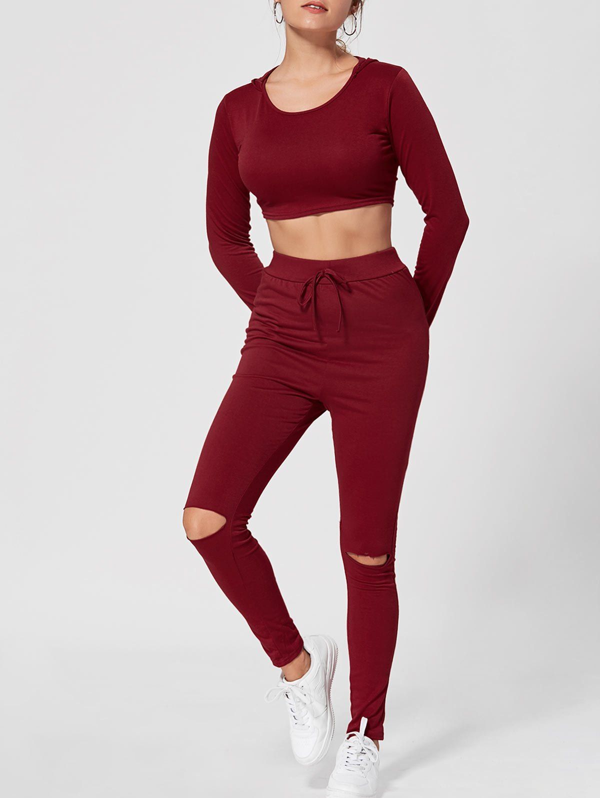 [67 OFF] Hooded Crop Top With High Waisted Ripped Pants Rosegal