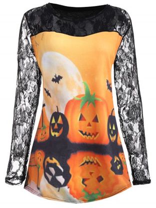 Halloween Pumpkin Moon Plus Size Lace Insert T-Shirt