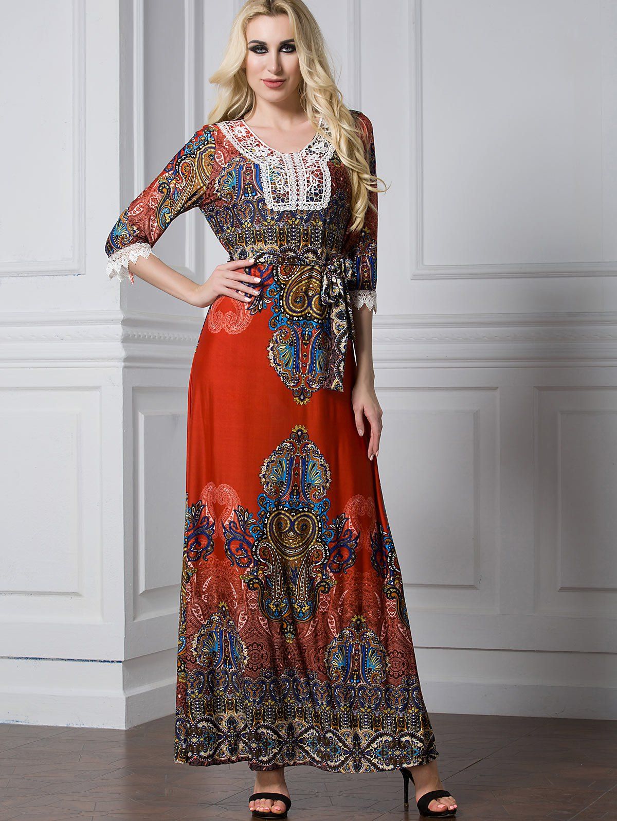 

Lace Trim Printed Maxi A Line Dress, Colormix