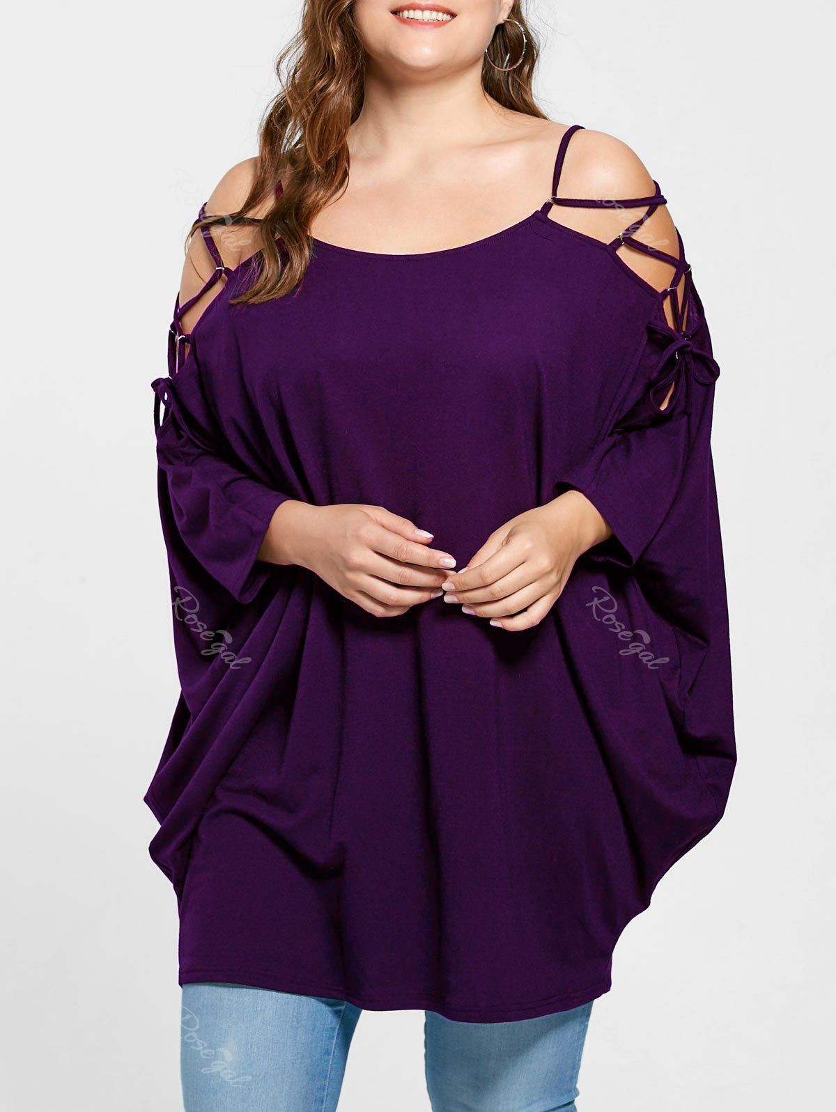 2019 Plus  Size  Open Shoulder Lattice Cut Baggy Top In 