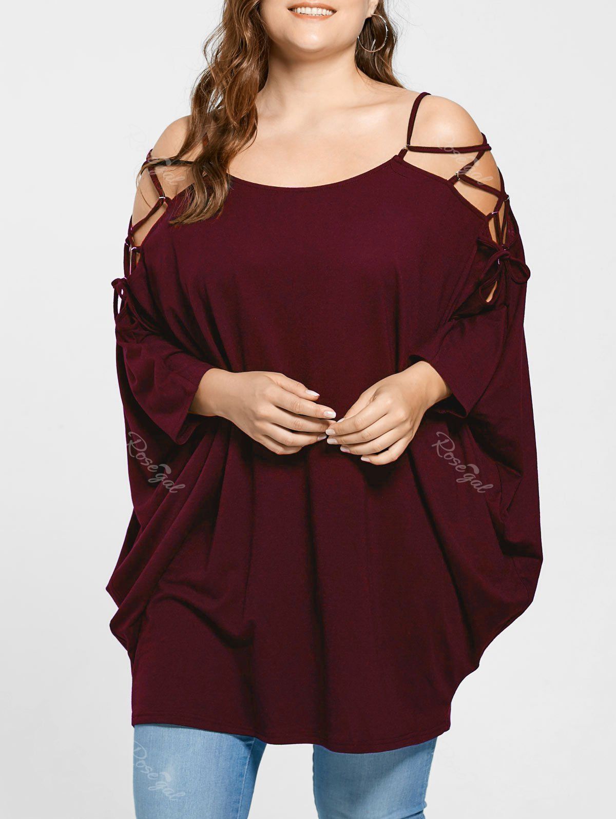 

Plus Size Open Shoulder Longline Baggy Top, Wine red