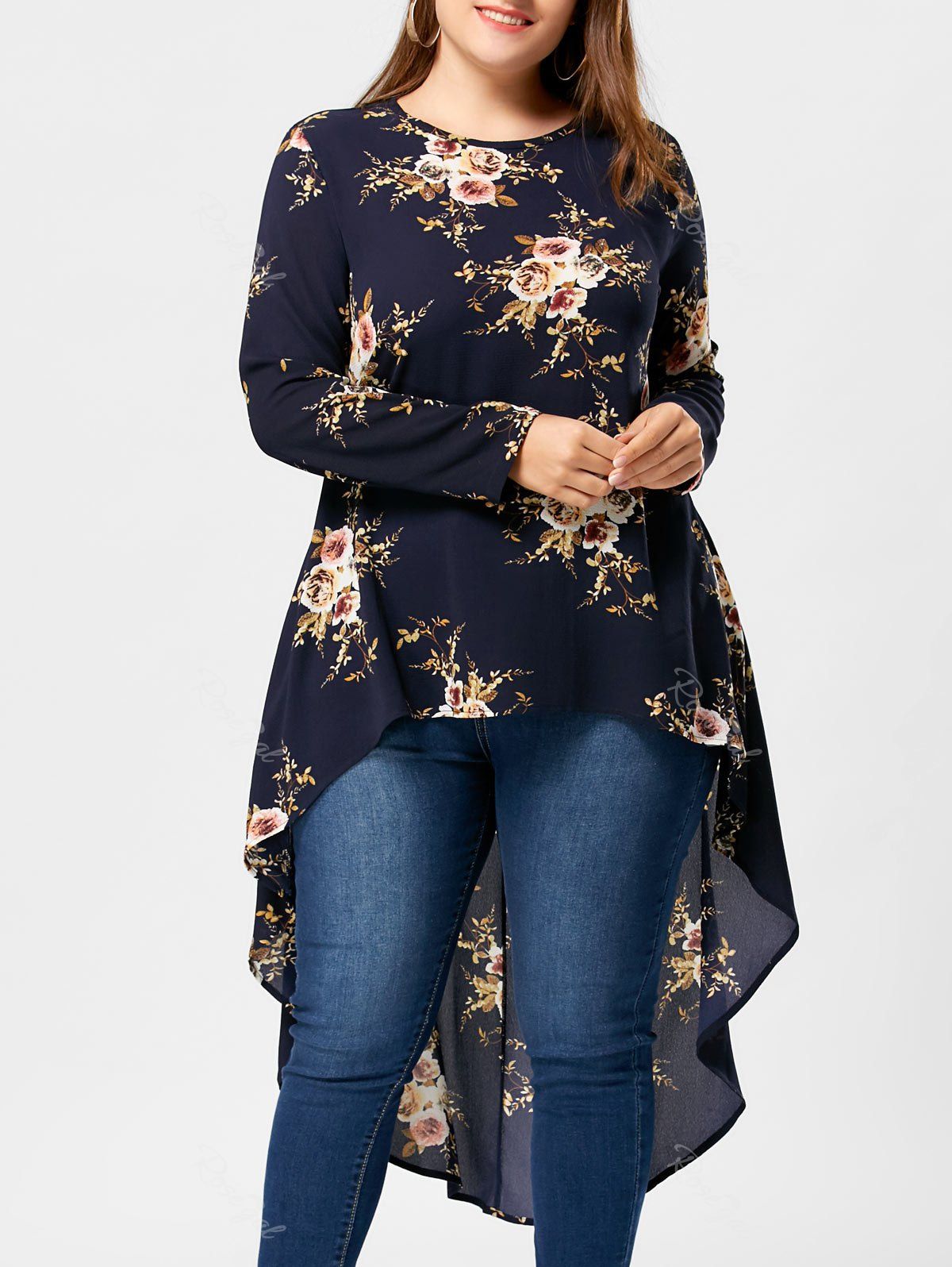 

Plus Size Floral High Low Hem Blouse, Cadetblue