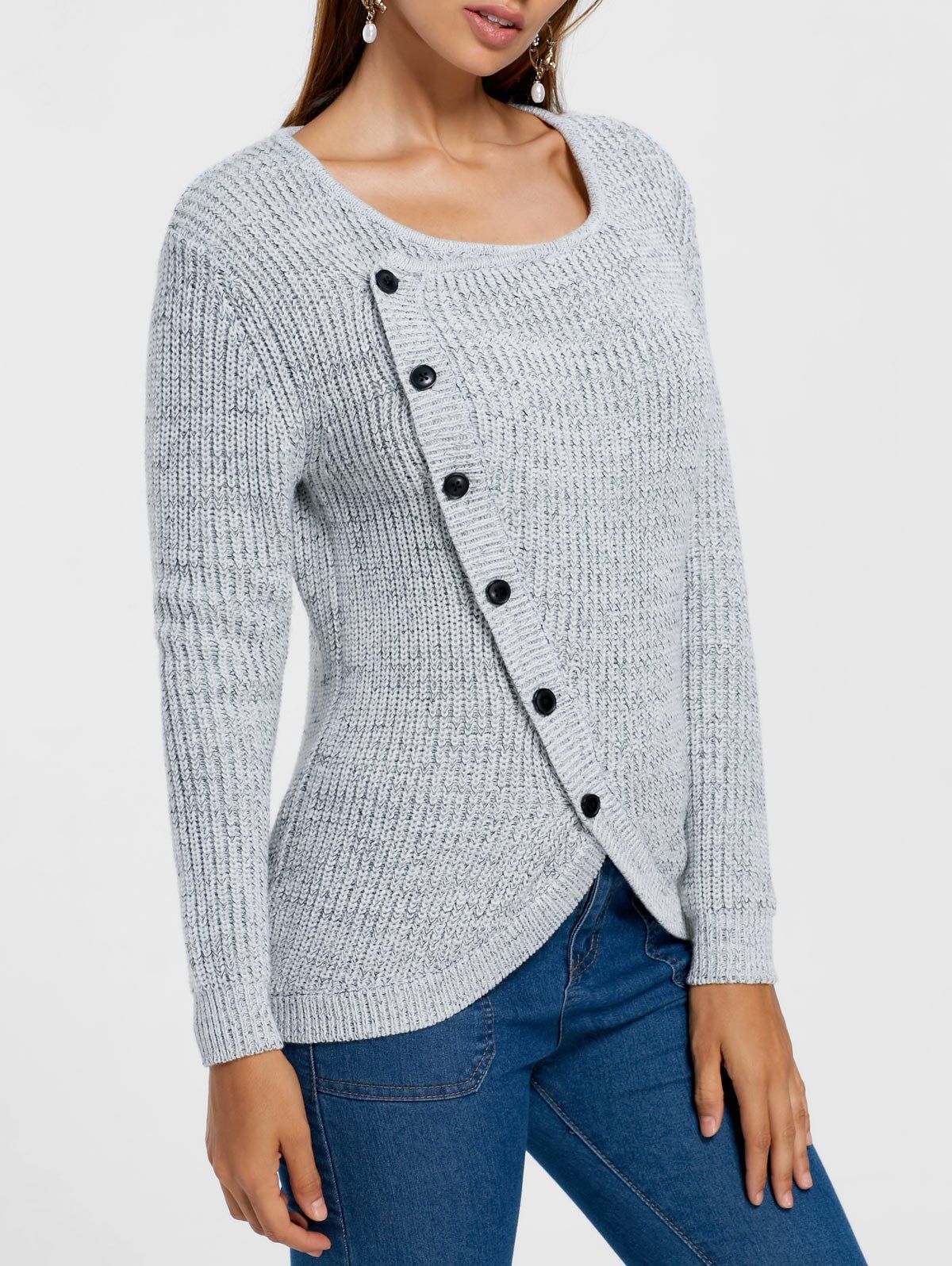 

Single Breasted Overlap Formfitting Sweater, Gray