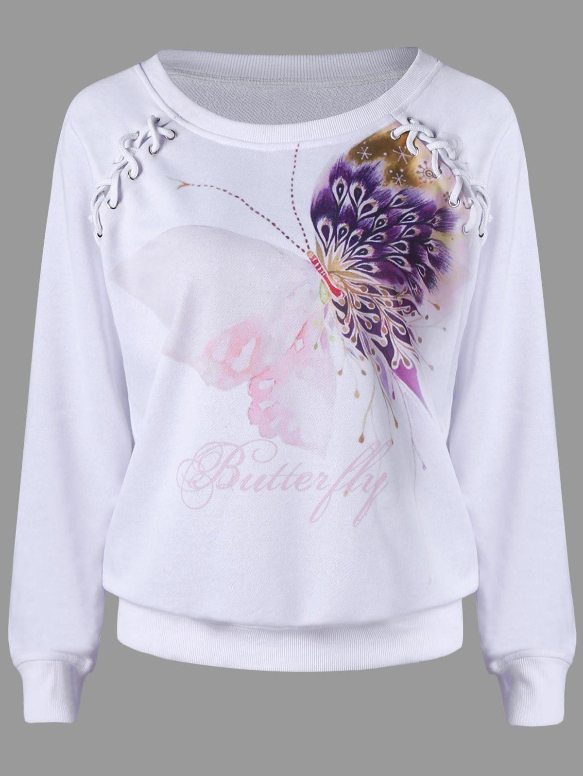

Lace Up Butterfly Print Sweatshirt, White