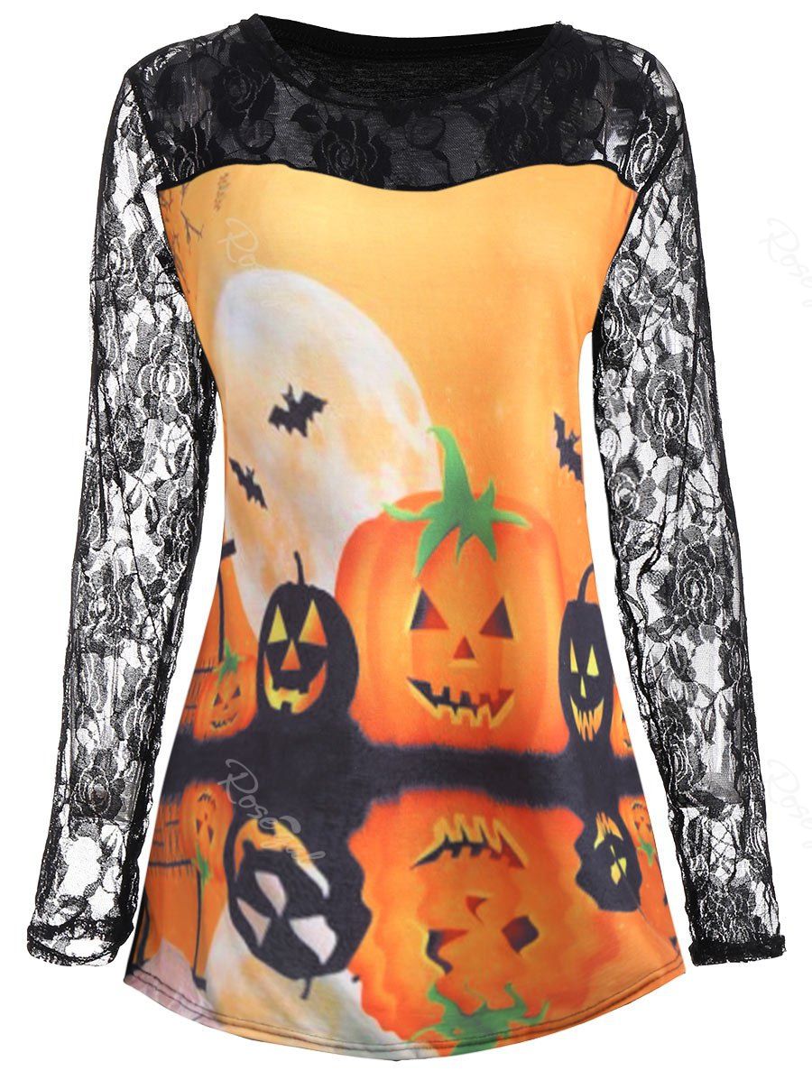 

Halloween Pumpkin Moon Plus Size Lace Insert T-Shirt, Orange