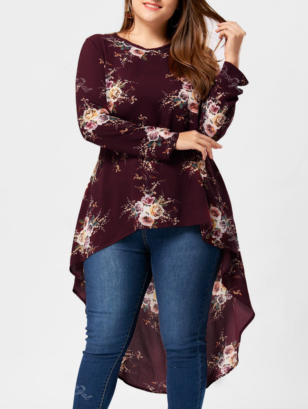 

Plus Size Floral High Low Hem Blouse, Wine red