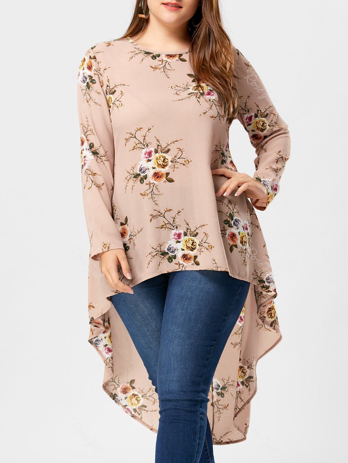 2019 plus size floral plunging high low blouse