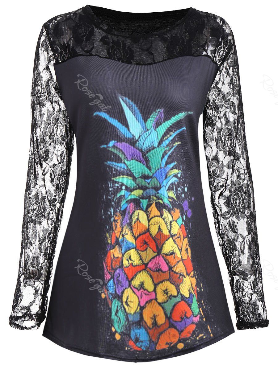 

Plus Size Floral Lace Insert Pineapple Print Tee, Black