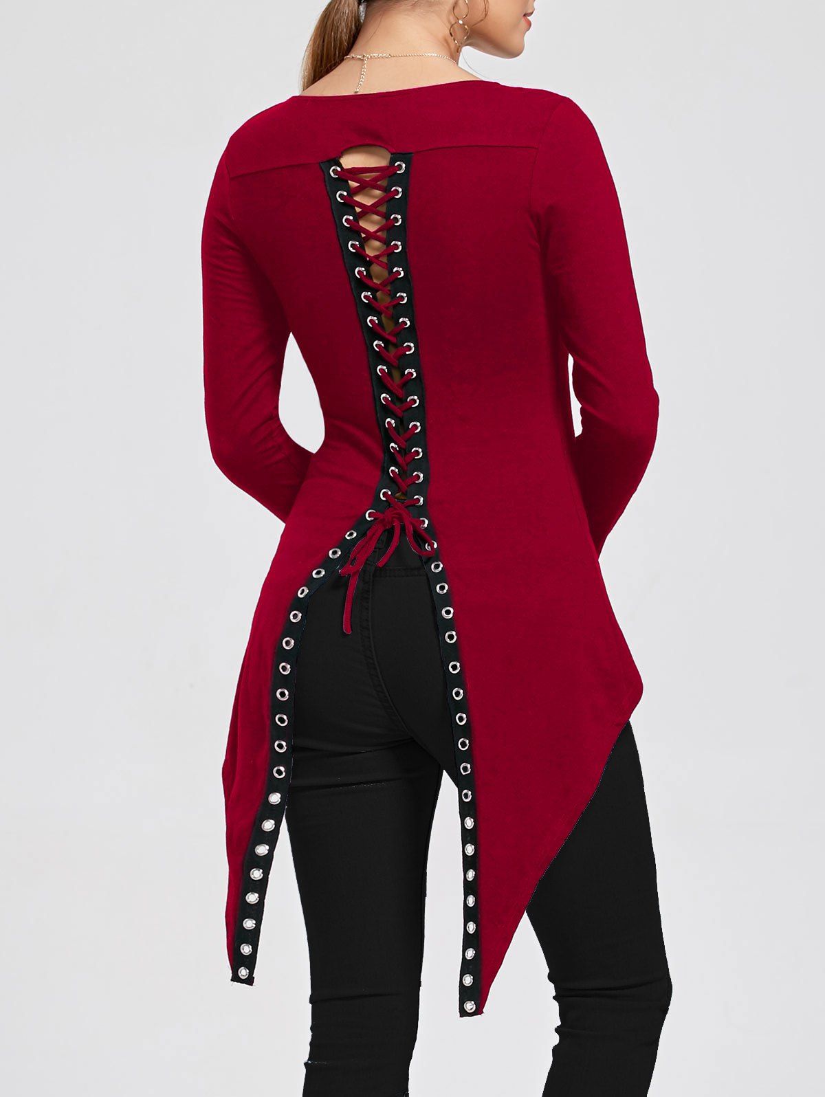 

Slit Back Lace Up Asymmetrical T-shirt, Red