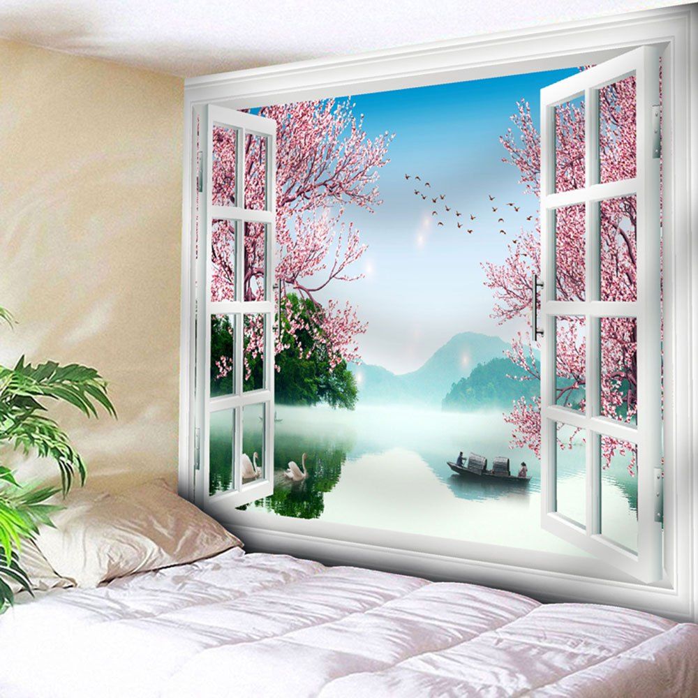 

Window Boat Lake Flower Wall Tapestry, Pink