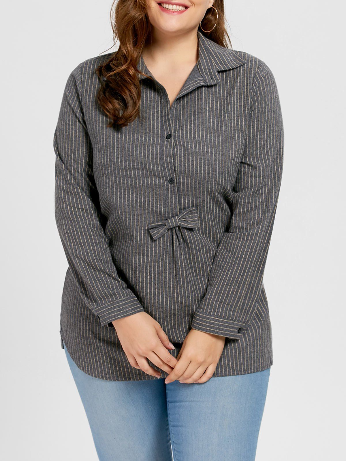 

Plus Size Bowknot Striped Shirt, Gray