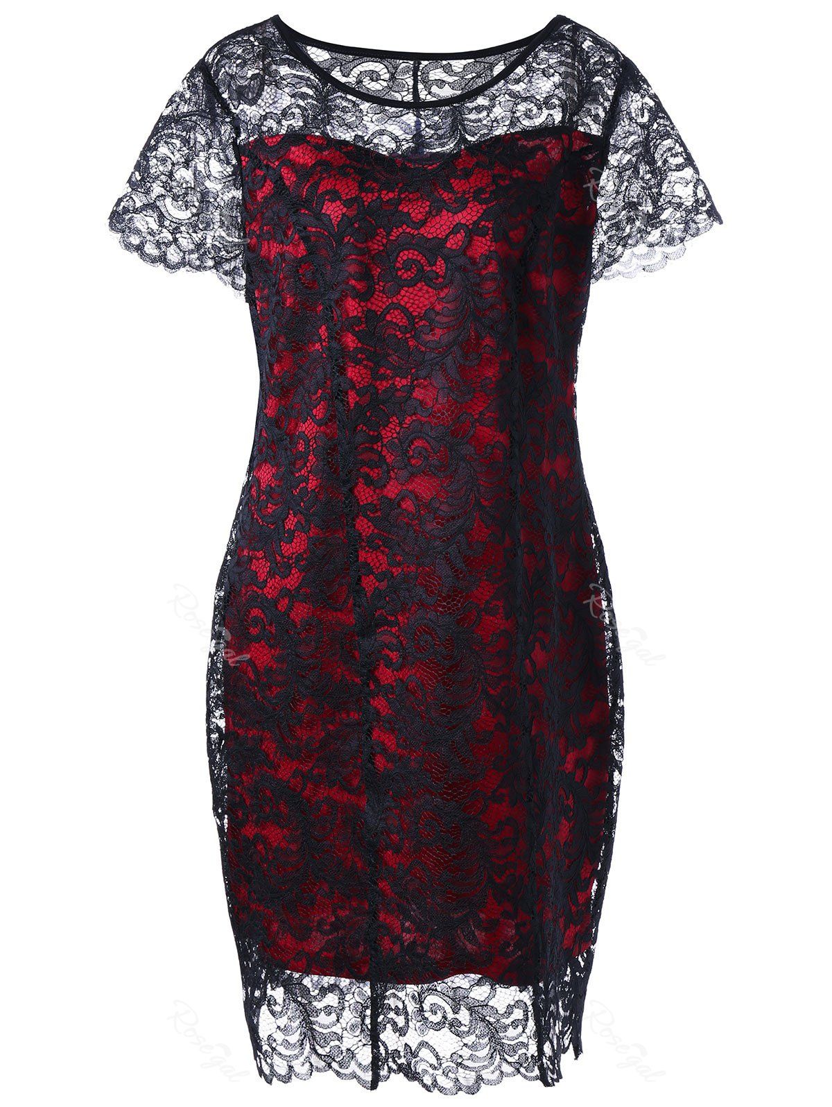 

Plus Size Sheath Fitted Lace Dress, Red with black